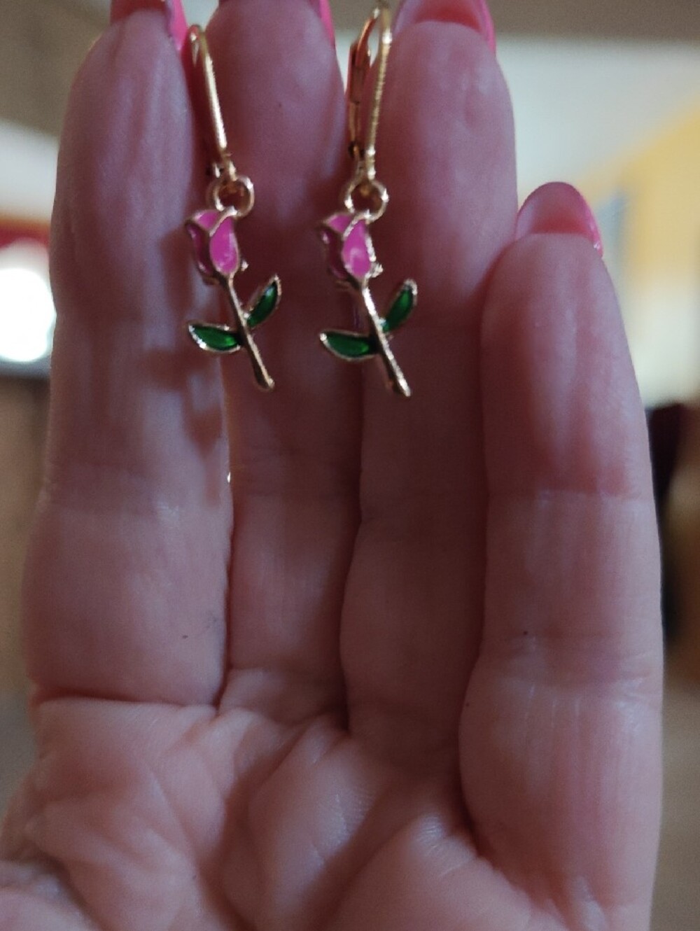 Bachelor Gold Rose Drop Earrings with Pink Flower and Green Leaves